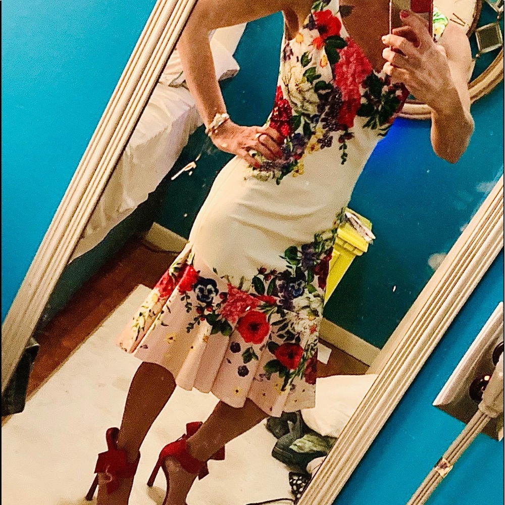 VENUS Floral Rhinestone Dress Midi Body Con XS Wiggle Sexy Ruffle Asymmetrical